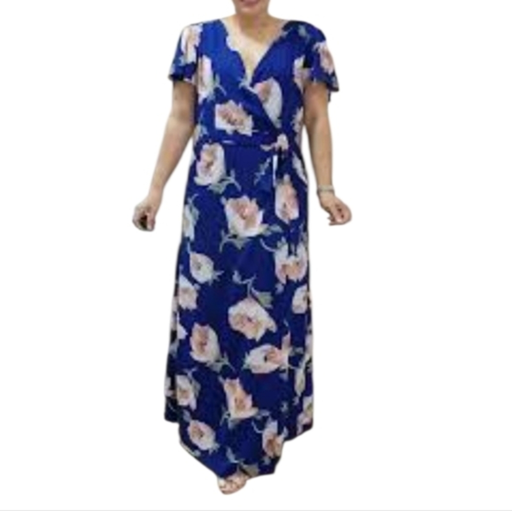 Always Indigo Blue And Peach Mock wrap floral tulip maxi dress plus size 2X New